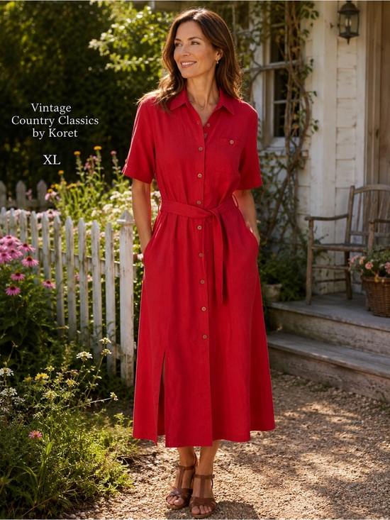 Koret Dresses & Skirts - Vintage Country Classics by Koret XL Long Red Button-Front Shirt Dress Waist Tie